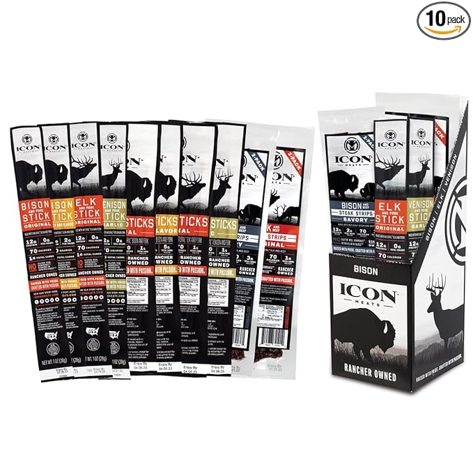 ICON Meat Stick and Steak Strip Sampler Gift Box - 10 Snacks Per Box - Assorted Flavors of Bison, Elk, Venison, Beef and Pork Jerky Sticks and Strips - USDA Approved, All Natural Artisan Meats