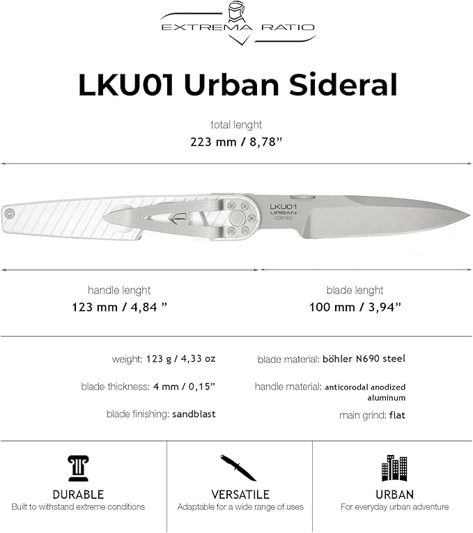 Extrema Ratio - LKU01 (Sideral), Folding Knife, Böhler N690 Steel Blade 58 HRC, Sandblast Finish, Smooth Aluminum Handle, Ergonomic Design, Durable Folding Knife, Italian Craftsmanship
