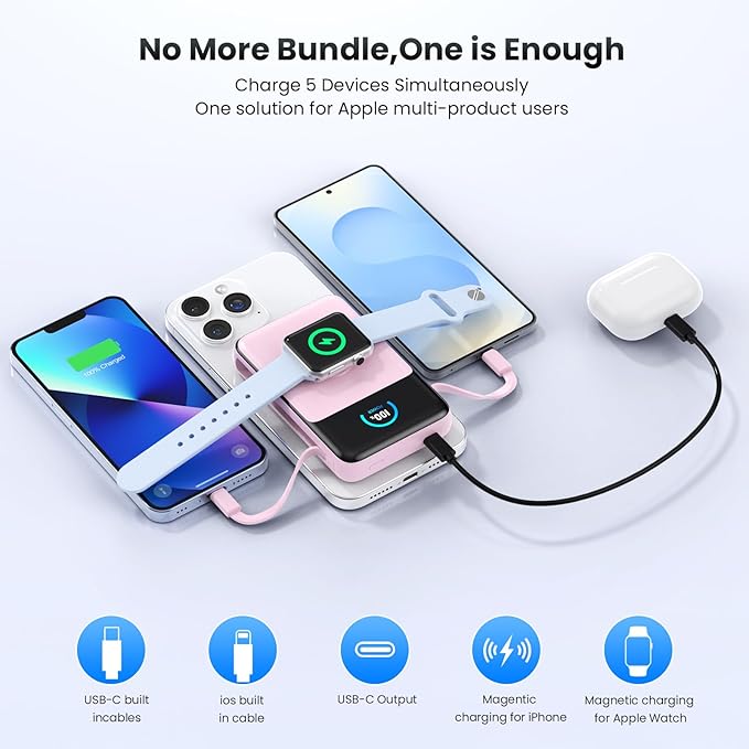 Magnetic Portable Charger 10800mAh with Built-in Cables,5-in-1 Qi2 Certified 15W Wireless Power Bank with iWatch Charger,30W PD Fast Charging USB-C Battery Pack for iPhone 17/16/15/14/13/12-Pink