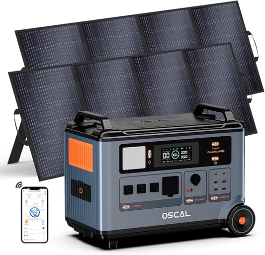 OSCAL PowerMax 6000 Solar Generator with 2×400W Solar Panel, 120V/240V Power Station 6000W AC Outlets (7200W Peak), 2200W AC Charging/2400W Solar Charging, Emergency for Home, Battery Backup