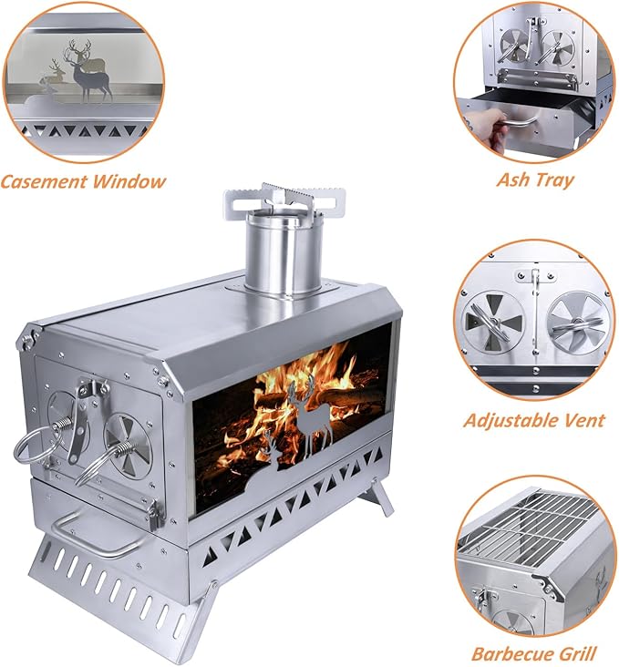 Outdoor Camping Tent Stove Portable Stainless Steel with Chimney Barbecue Net for Outdoor Cooking BBQ Heating & Fishing(Large)