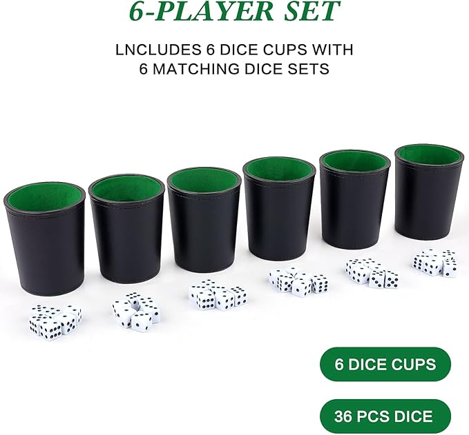 Felt-Lined PU Leather Dice Cup Set, 6 Quiet Dice Shaker Cups with 36 Dices for Bar Party Yahtzee Farkle Dice Games, Black and Green