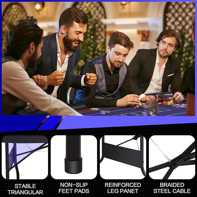 86" Foldable Poker Table, 10-Player Large Folding Texas Holdem Blackjack Table with Cup Holders, Padded Rails, Casino Game Table for Home Game Room, Family Nights, and Parties (Black)