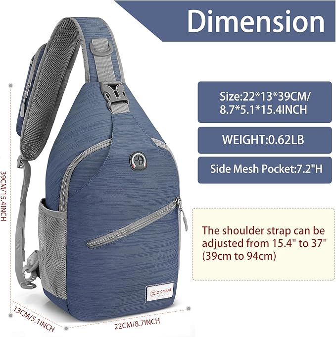 ZOMAKE Sling Bag,Small Crossbody Sling Backpack,Water Resistant Shoulder Daypack for Travel,Anti Thief Chest Bag for Hiking(Navy Blue(Stripe))