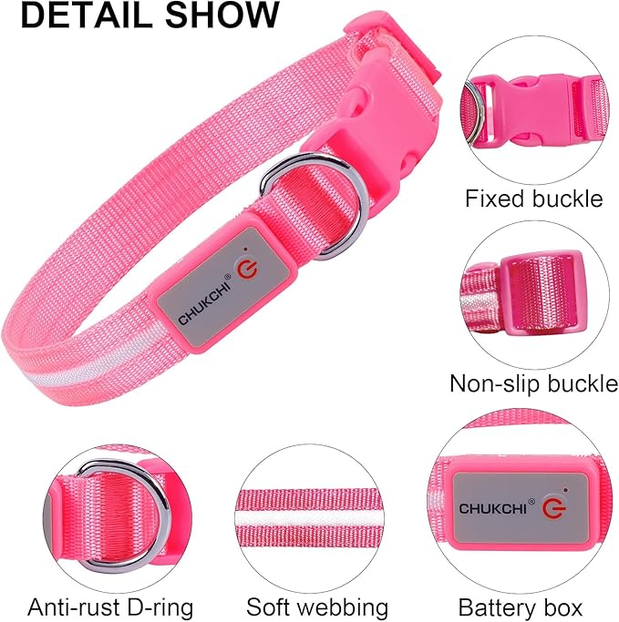 CHUKCHI LED Dog Collar Rechargeable,Waterproof Flashing Collar,Light Up Glow Collar, Adjustable Soft Safety Light Up for Small Medium Large Dogs Walking Camping at Night (Pink-L)