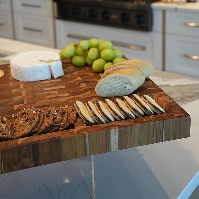 EcoDecors FSC Certified Solid Teak Cutting Board 20x15, Reversible End Grain Wood Board with 3 Charcuterie Trays for Kitchen, Cheese, Meat & Serving