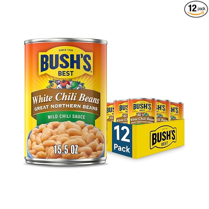 BUSH'S BEST 15.5 oz Canned White Chili Bean Mild, Source of Plant Based Protein and Fiber, Low Fat, Gluten Free, (Pack of 12), Made with Northern Beans