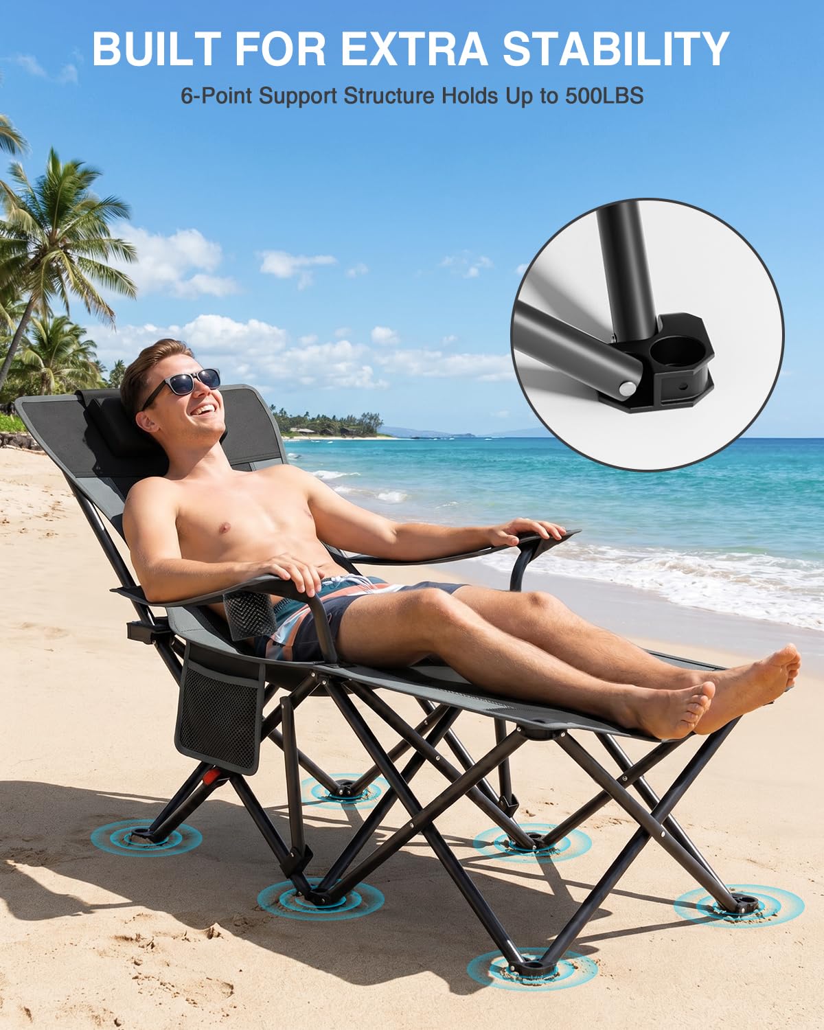 HOPERAN Camping Chair with Foot Rest, 500LBS 4-Level Reclining Beach Chair