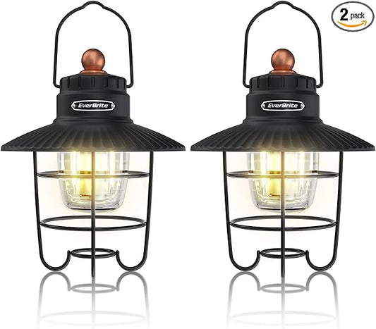 EverBrite LED Camping Lantern Pack of 2, USB C Rechargeable Lantern with 3 Light Modes, Vintage Outdoor Lanterns with Power Bank Function for Power Outages, Hurricane, Emergency, Fishing