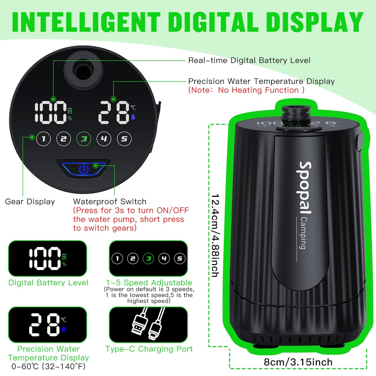 Spopal Portable Shower for Camping, [Upgraded] 10000mAh Rechargeable- Black