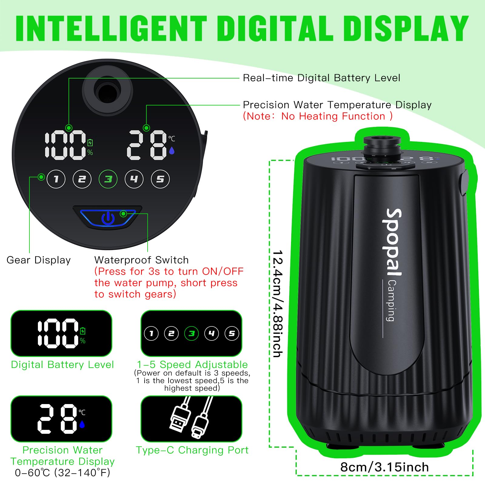 Spopal Portable Shower for Camping, [Upgraded] 10000mAh Rechargeable- Black