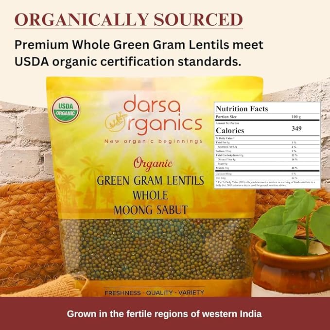 Darsa Organics Whole Green Moong (Mung) Bean Lentils 2 lb ??USDA Organic, Non-GMO, Kosher, Gluten-Free | Protein & Fiber Rich | Perfect for Sprouting, Soups & Salads