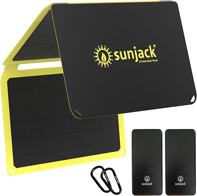 SunJack 25 Watt Foldable IP67 Waterproof ETFE Monocrystalline Solar Panel + 2X 10000mAh Power Banks with USB-A and USB-C for Cell Phones, Tablets and Portable for Backpacking, Camping, Hiking