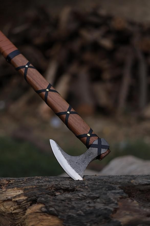 Custom Handmade Carbon Steel Viking Axe – 19” Inches Hand Forged Medieval Axe with Leather Sheath – Camping and Forest Hunting Hatchet – Gift for HIM (Brown Leather Ragnor)