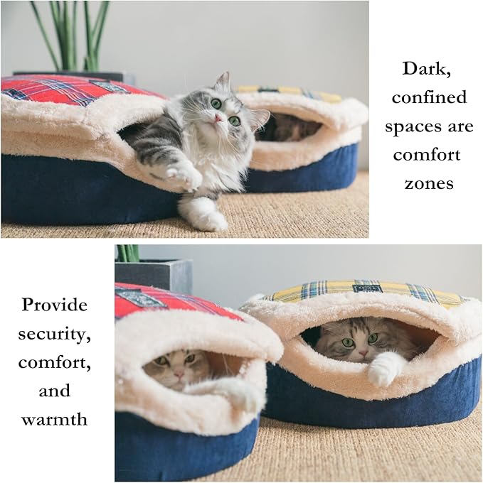 Cat Cave Bed ??Plush, Warm & Calming Hideaway with Detachable Lid & Mat, Covered House for Indoor Kitten & Kitty (Redwhite)