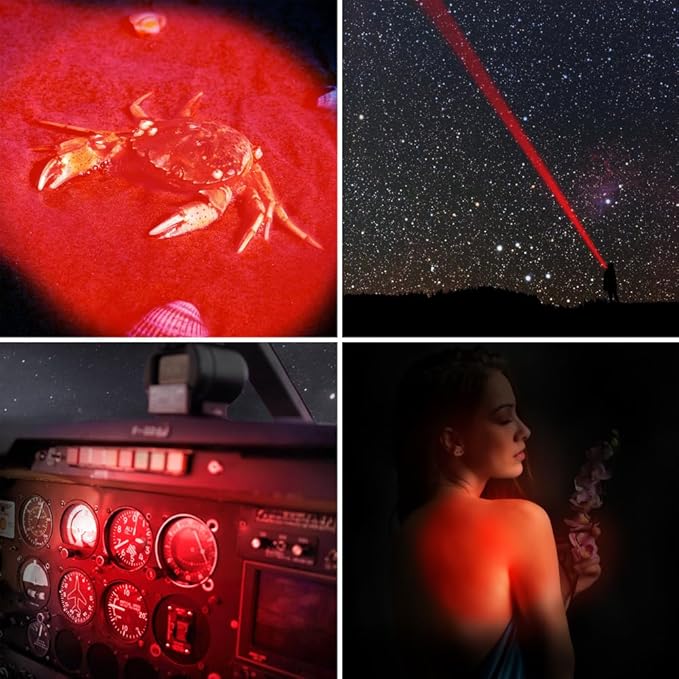 Stepless Dimming Red Light Flashlight, 620nm-630nm High Purity, Adjustable Brightness and Focus for Night Observation, Astronomy, Aviation