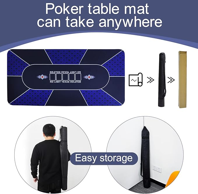 CONTINUE Poker Table Top Layout - Texas Hold'em Poker Mat for 8-10 Players, Anti-Slip Rubber, Blackjack, Casino - Blue