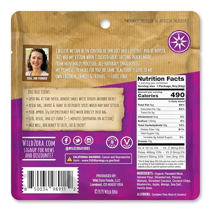 Wild Zora Paleo Freeze Dried Breakfast Meals, 6 Pack, Gluten Free Camping and Backpacking Food, No Added Sugar, Healthy On-the-Go Travel Meal, Coconut Berry, Cacao Banana, and Pineapple Mango Flavors