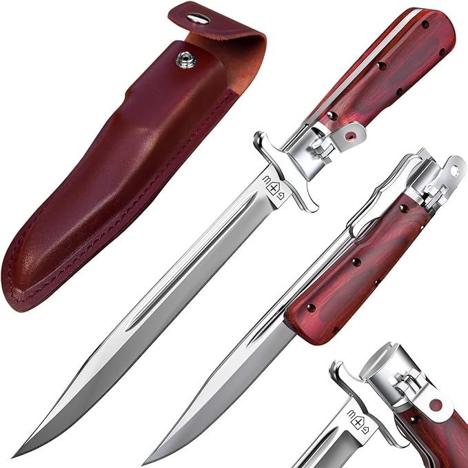 Grand Way 12.2" Retro Folding Knife with Wood Handle & Leather Sheath - 7.8" Long Foldable Sharp Blade - Large Pocket Knife for Men Camping Hunting Survival Work 12 KG