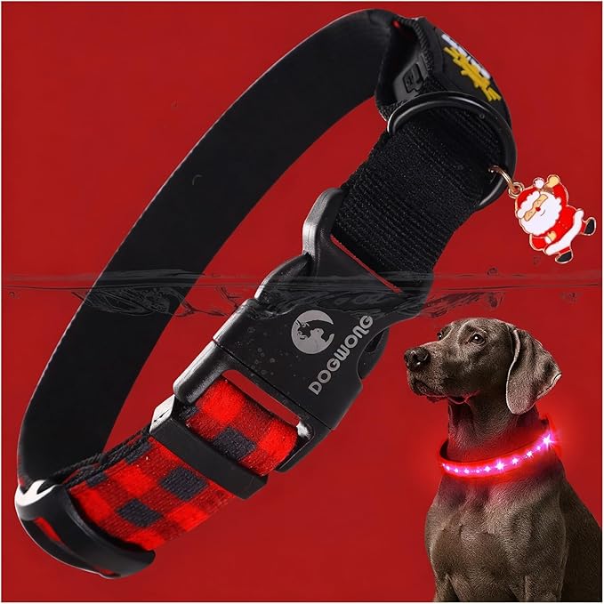 DOGWONG LED Dog Collar - Christmas Red Plaid Heavy Duty Light up Dog Collars - Rechargeable Waterproof - Lighted Dog Collars for Night Walking, Hiking, Camping(Red Plaid,L)