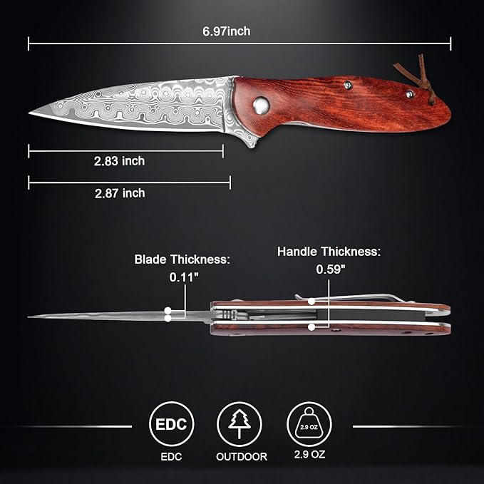 Damascus Pocket Knife with Sheath, 2.87" Damascus Steel Blade Knife with Wood Handle, EDC Folding Knife for Camping Fishing Hiking, Gifts for Men Women