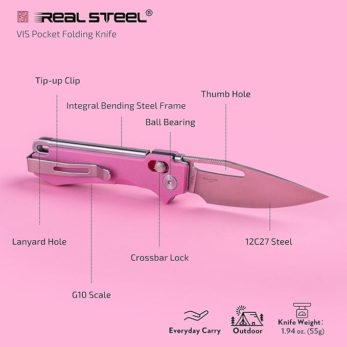 REALSTEEL VIS Pocket Knife, Folding Knife, Crossbar Lock, 2.72" Small 12C27 Steel Satin Plain Blade, Thumb Hole, G10 Handle, 1.94oz, Pocket Clip, Versatile Outdoor Indoor EDC Knife, Gifts for Men Women Camping Hiking Fishing Climbing (Pink G10/Satin)