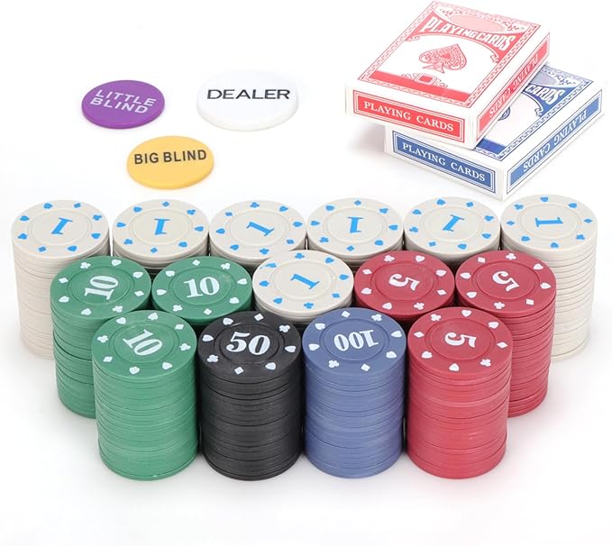 Denomination Plastic Poker Chips Set with 2 Decks,Bulk Playing Cards Chips Texas Hold?™em Blackjack 300 pcs Numbers Casino Black Jack Lightweight Poker Chip for Travel,Gambling Card Games