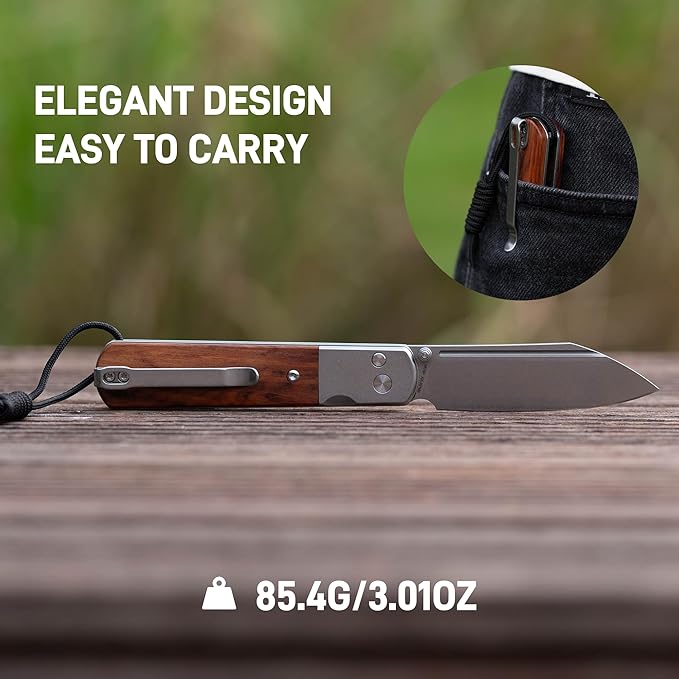 ARTISANCUTLERY Holm Pocket Knife with 3.10'' AR-RPM9 Steel, Handle with Stone Washed Steel and Wood Inlay, Button Lock with Safety Switch Folding Knife for Men, Sharp Camping Survival 1875P Rose Wood