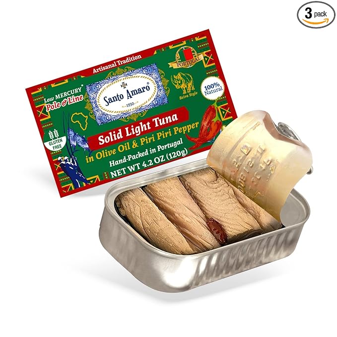 Santo Amaro - Artisanal Wild Tuna Fillets in Olive Oil & Red Piri Piri Pepper, Pole & Line Caught Tuna from Portugal, Hand-Packed Beira-Style Canned Tuna Fish, 22g Protein Keto, Low Mercury, Pack of 3