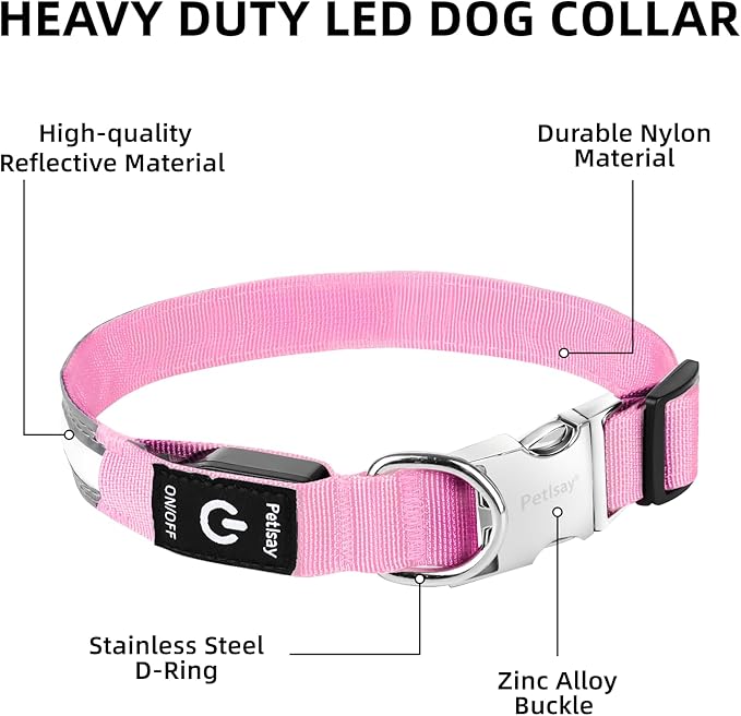 PetIsay LED Dog Collar Metal Buckle - Heavy Duty Light up Collars - Rechargeable IP68 Waterproof - Lighted Dog Collar for Night Walking, Hiking, Camping (Large, Pink)