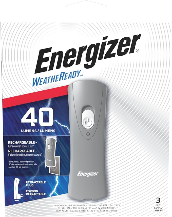 Energizer Weatheready Rechargeable Flashlights for Home, Pack of 3, Emergency Flashlight for Hurricane Supplies, Survival Kits, Power Outages, LED Flash Light with Convenient Plug-in Design