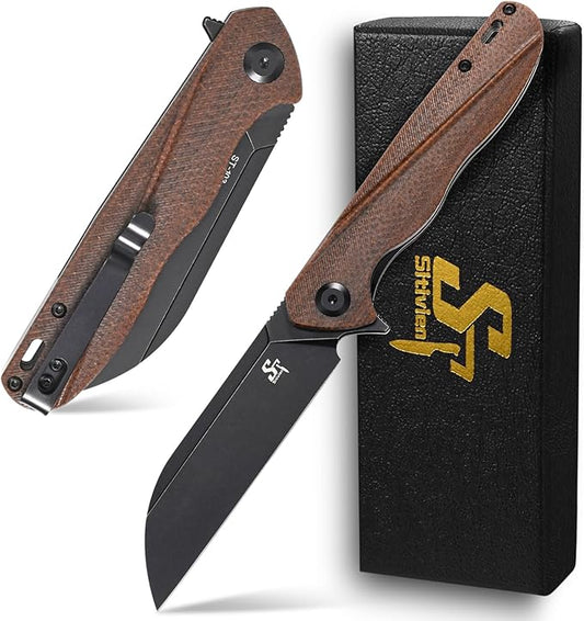 Sitivien ST103 Folding Knife, D2 Steel Blade,Micarta Handle EDC Tool Knife for Outdoor, Camping, Hunting, Survival(Brown)