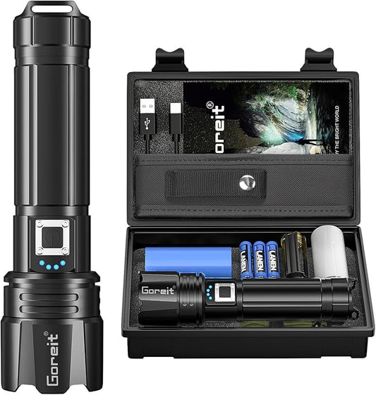 Goreit Flashlight High Lumens Rechargeable, 2000 Lumen Led Flashlights XHP70.2 USB Super Bright Flash Light Battery Powered, Powerful Handheld Flashlights for Emergencies Camping, IP67 Waterproof