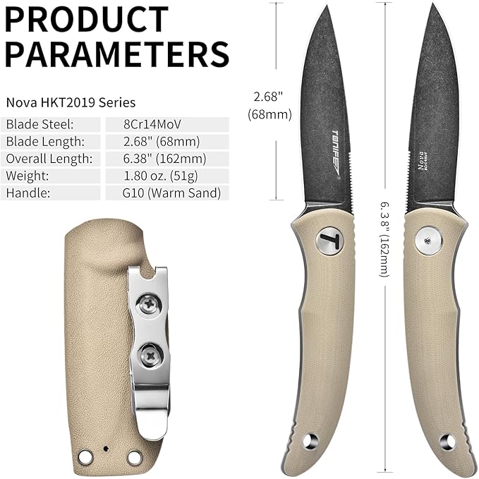 TONIFE Nova 2.68'' Blade Mini Neck Knife Full Tang Fixed Blade Knife with Kydex Sheath and Adjustable Paracord Lanyard for Camping Outdoor Survival Tool (Warm Sand+Black Oxide then Stonewash)