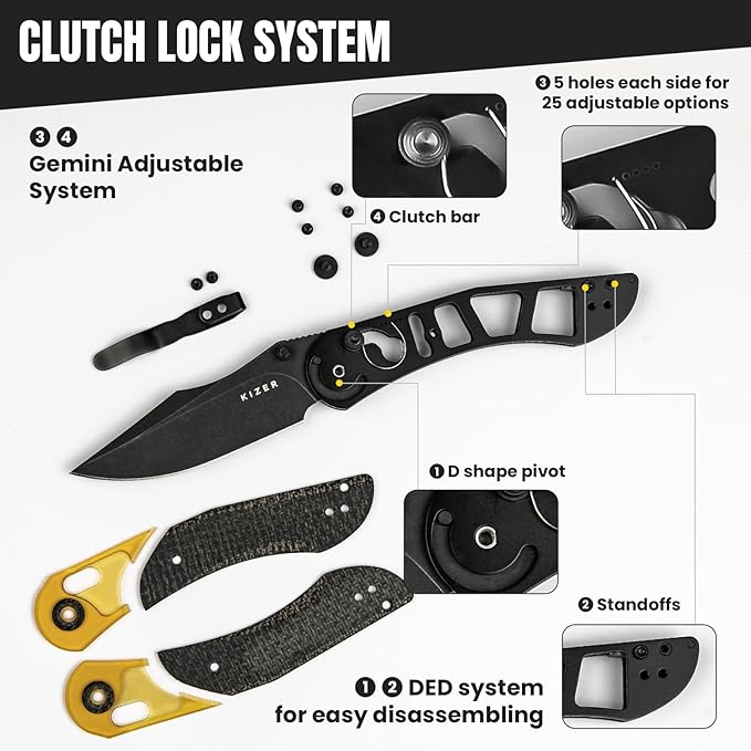 Kizer Mini Mystic Pocket Knife, 3.2" 154CM Blade EDC Hunting Survival Knife with Black Burlap Micarta and Yellow PEI Handle, Camping Folding Knives with Clutch Lock & Thumb Stud Opener, V3636C1