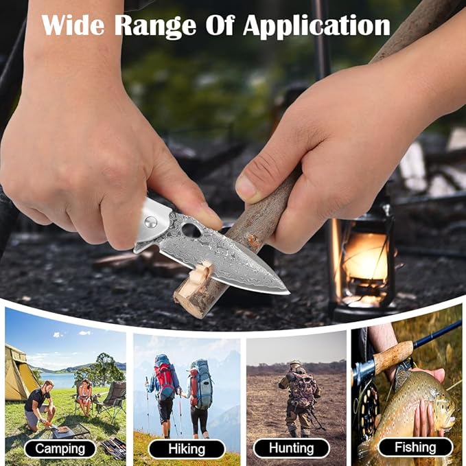 Cottonbell Damascus Pocket Knife Folding Knife for Men Women Unique Rainbow Abalone Shell Handle, with Sharp VG10 Core Damascus Steel Knife for Outdoor Camping Fishing Hiking Hunting Gift