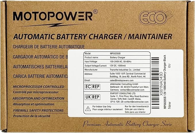 MOTOPOWER MP00205B 12V 1000mA Automatic Battery Charger, Battery Maintainer, Trickle Charger, and Battery Desulfator with Timer Protection - Black Edition