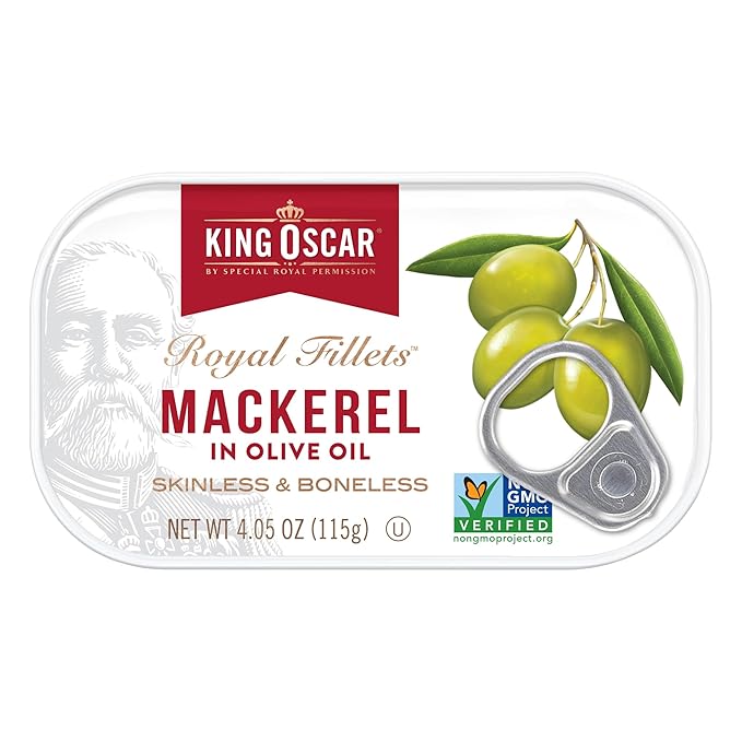 King Oscar Skinless & Boneless Mackerel Variety Pack, 4.05 Ounce Cans (Pack of 6), Skinless & Boneless, Wild Caught Canned Mackerel