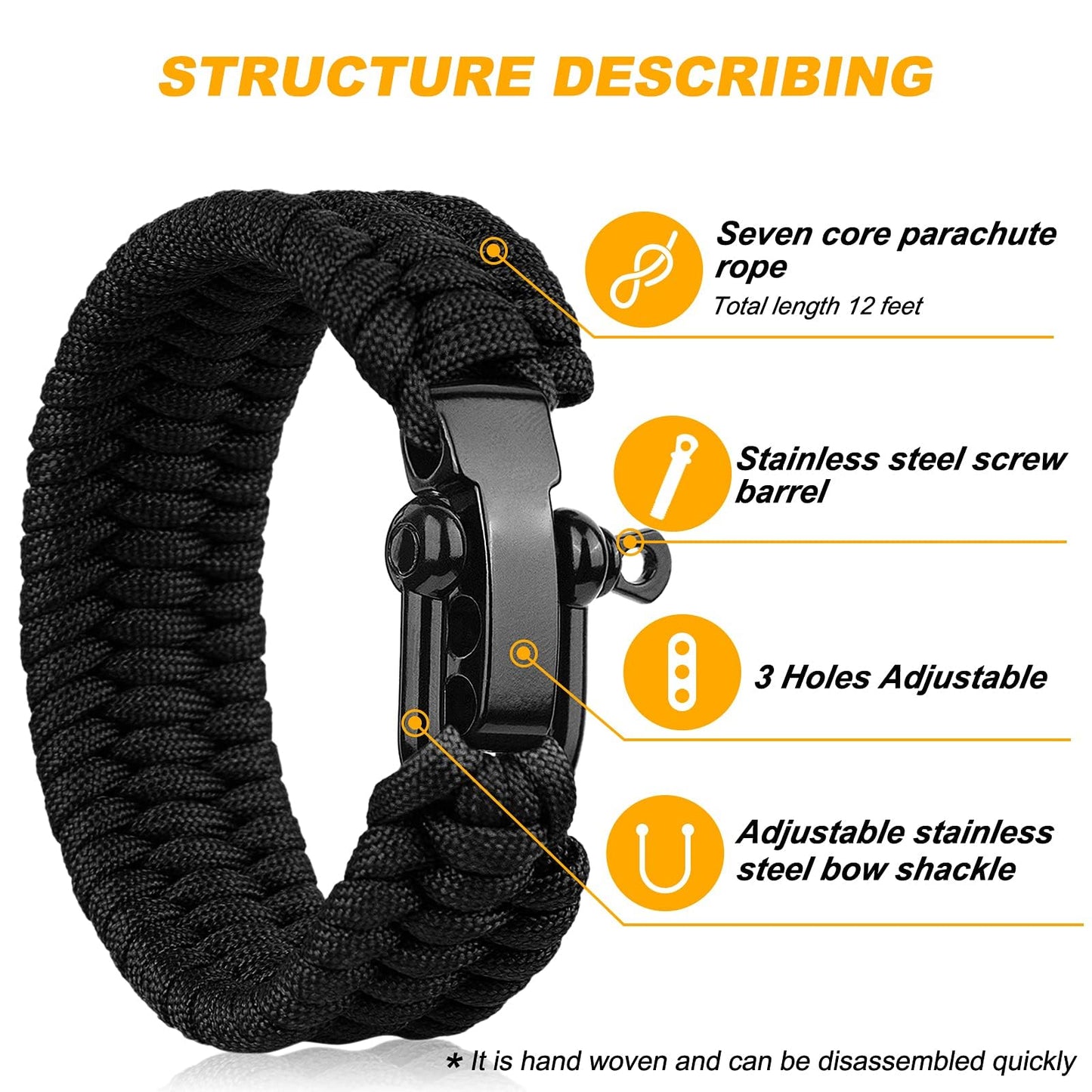 Oadnfa Survival Bracelet,Tactical Paracord Bracelet with Forged Stainless Steel U-Type Shackle