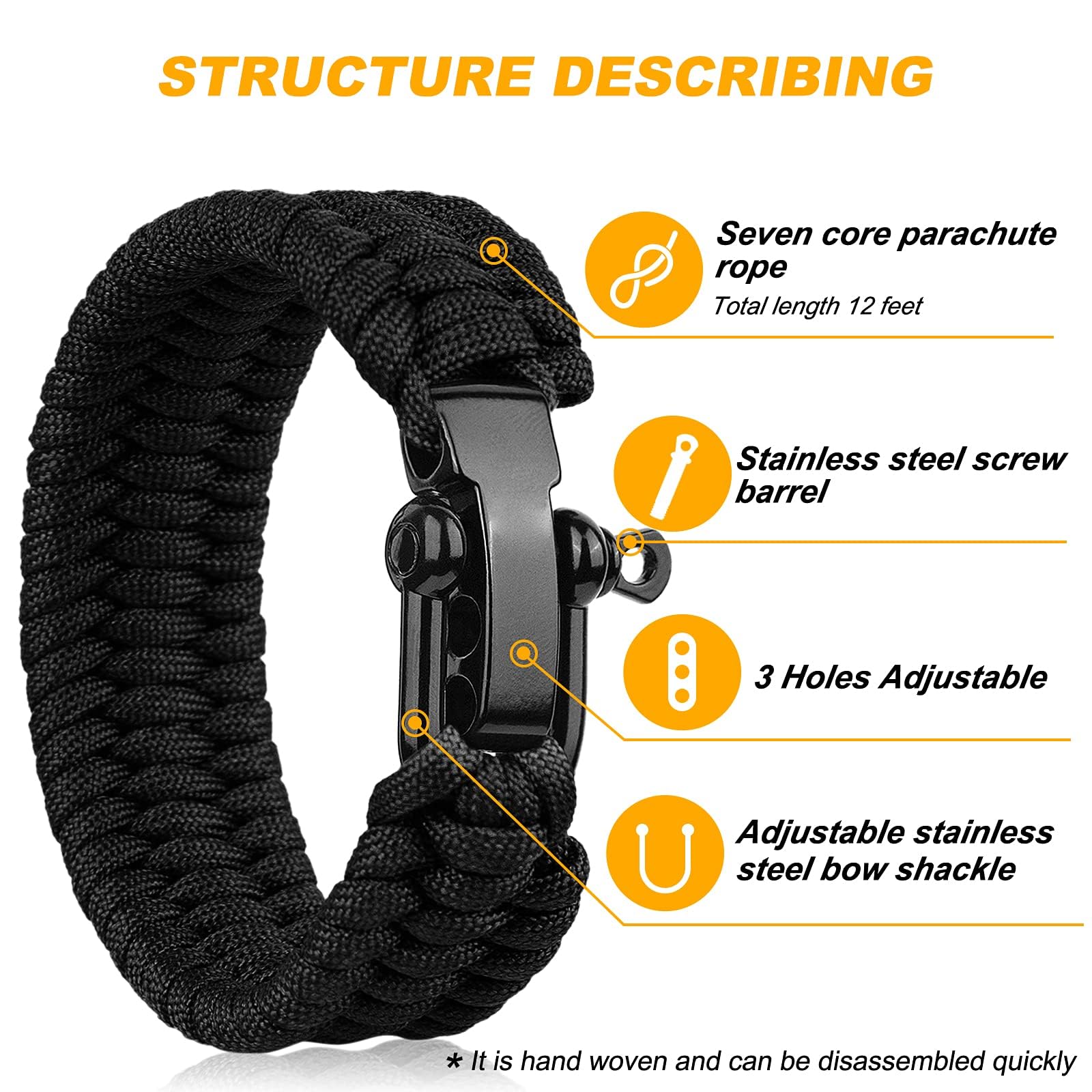 Oadnfa Survival Bracelet,Tactical Paracord Bracelet with Forged Stainless Steel U-Type Shackle
