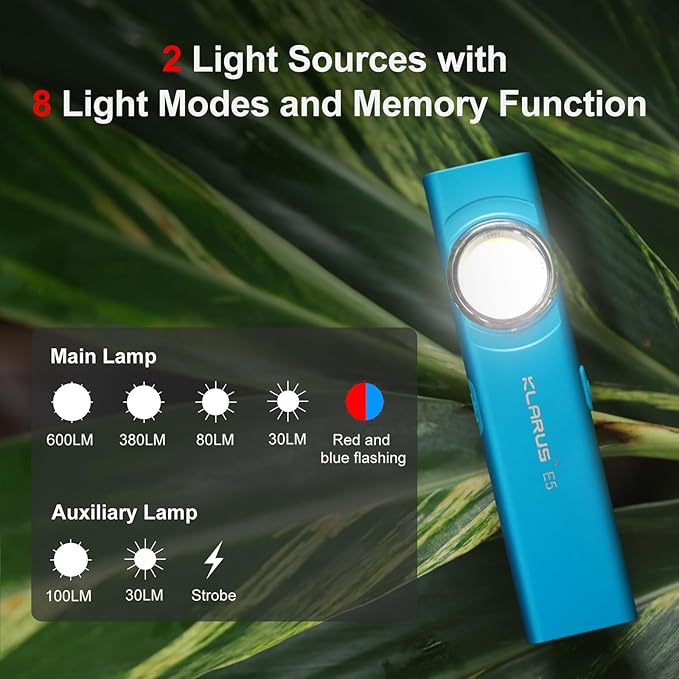 klarus E5 Pocket Flashlight, Rechargeable EDC Flashlight, Super Slim 4.2x1x0.3inch, 600 Lumens, USB-C Port, IPX4, Dual Light Source with Magnetic Base, Hat & Clothes Clip - Blue