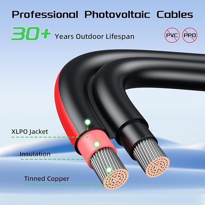Bateria Power 10 Feet 12AWG Solar Panel Extension Cable, 6mm² Twin Wire Conductor Parallel Solar Wire Adapter Kit with Waterproof Female & Male Solar Connectors for RV, Marine, Photovoltaic Systems