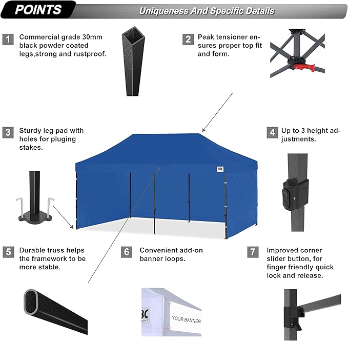 ABCCANOPY Heavy Duty Easy Pop up Canopy Tent with Sidewalls 10x20, Navy Blue