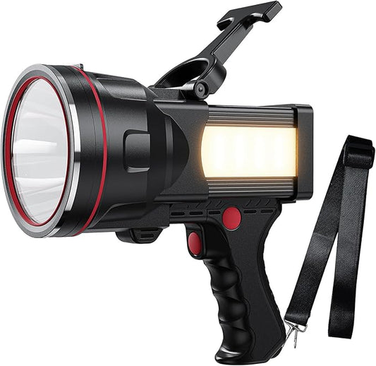 Rechargeable Spotlight Flashlight, Waterproof Outdoor Handheld Spot Light, Built-in Kickstand and Phone Charger, Emergency Light for Camping, Boat, Hunting, Hiking (Warm White)