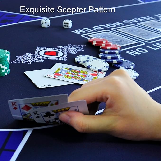 CONTINUE Poker Table Top Layout - Texas Hold'em Poker Mat for 8-10 Players, Anti-Slip Rubber, Blackjack, Casino - Blue