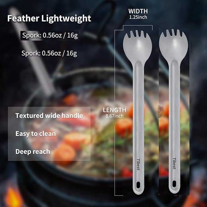 Titanium Spork, 8.7" Long Handle, Backpacking Spork and Spoon, Ultra Lightweight Camping Utensil for Hiking, Travel
