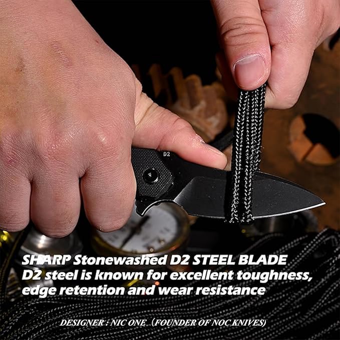 Hightron Mini Ventura Flipper Folding Knife for EDC, Liner Lock Pocket Knife with 2.85" Stonewashed D2 Blade plus Ultra-Grip G10 Handle Compact Gifts for Men Women Camping Black-B