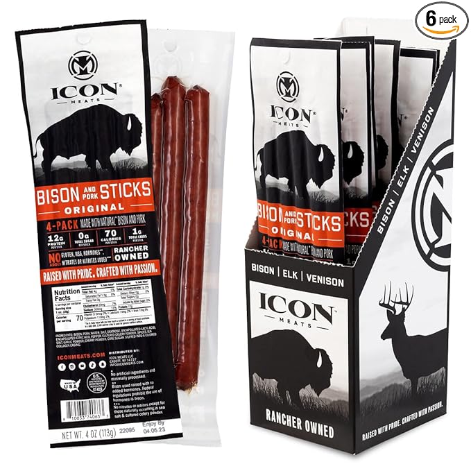 ICON Meats Bison and Pork Snack Sticks - Original Flavor – 6 Packs Per Box, 4 Sticks Per Pack, All Natural Jerky Meat Sticks, USDA Approved, Diet Friendly, High Protein, Low Calorie, Sugar Free