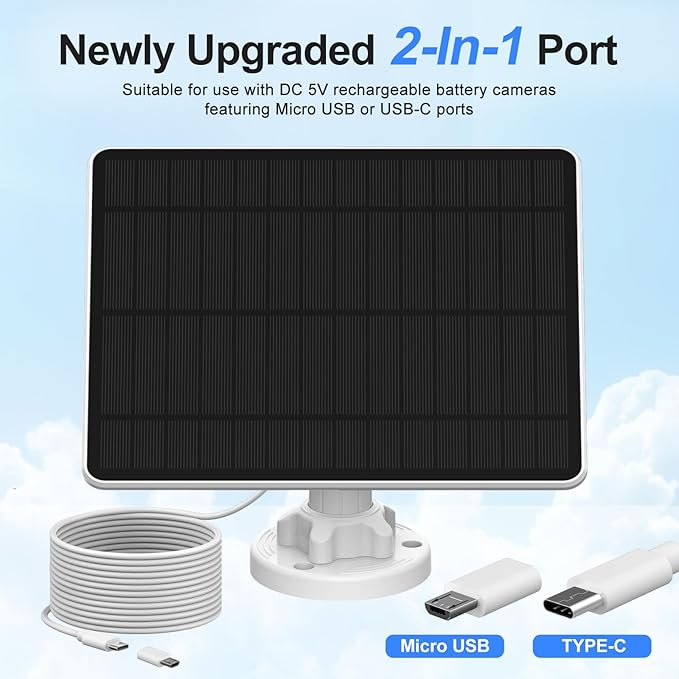 5W Solar Panel for Security Camera Outdoor, Micro USB & USB-C Port Camera Solar Panel, Compatible with Rechargeable Battery Powered Cameras, IP65 Waterproof, 9.8ft Cable, 360° Adjustable Bracket