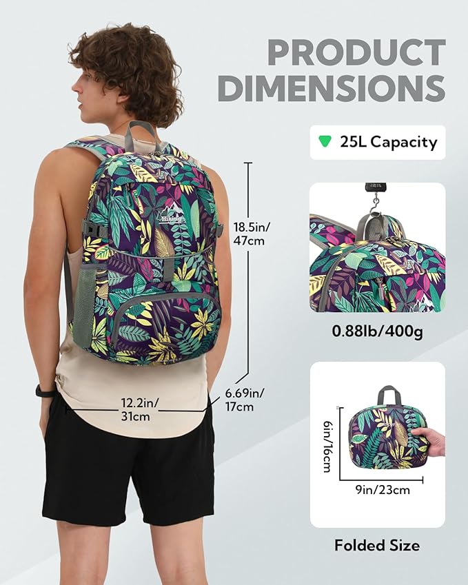 WATERFLY Hiking Foldable Daypack Backpack: 25L Ultra Lightweight Waterproof Day Pack for Woman Man - Small Compact Packable Folding Back Pack for Outdoor Sport Cycling Biking Travel Trip - Print